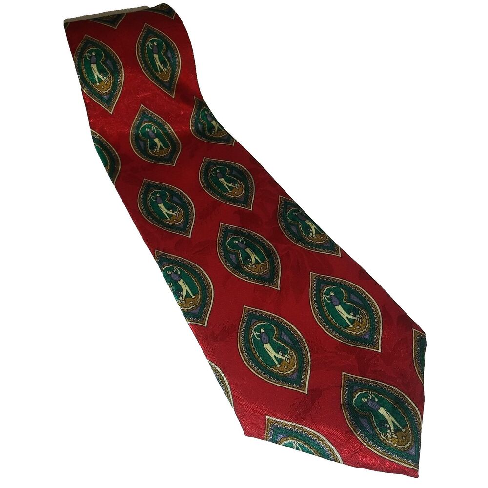 Vintage Golfing Tie Retro Style Man Road Handmade USA 100% Silk Red with Green